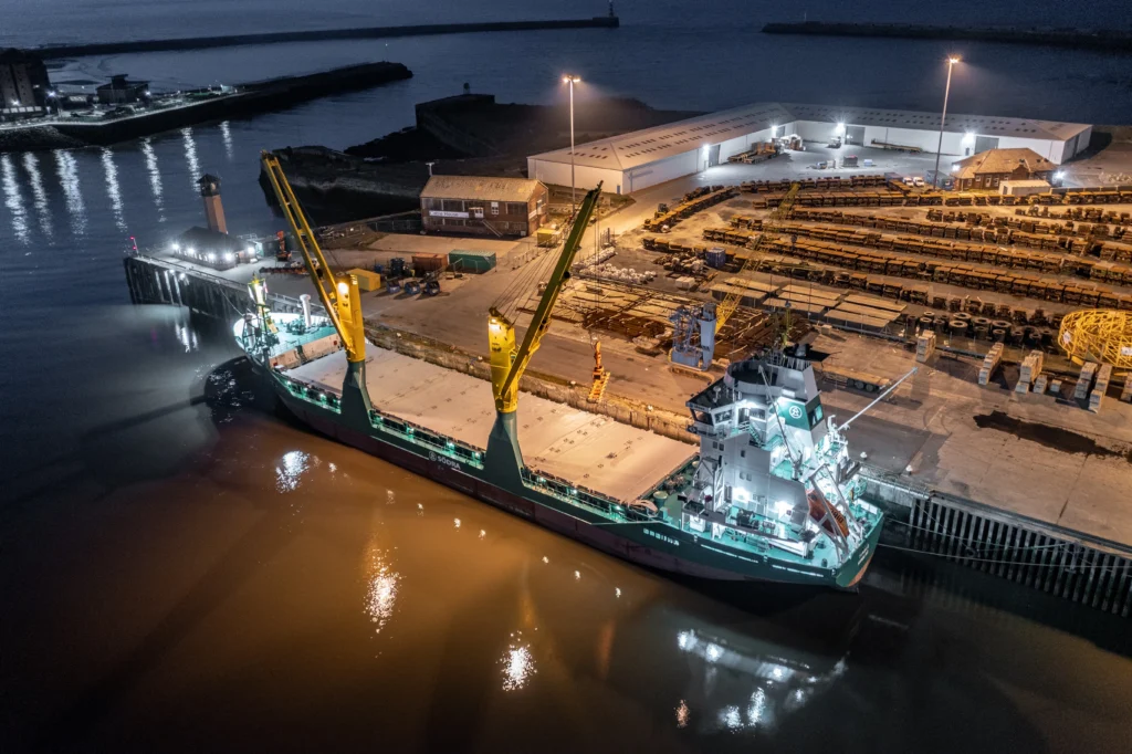 Cargo Ship at a Port at Night Offloading Cargo and Goods
