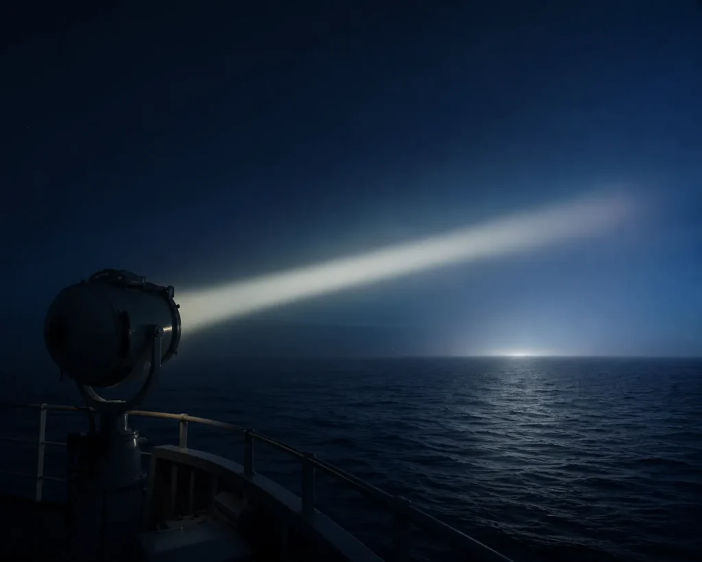 Marine searchlights in the nighttime sea surface