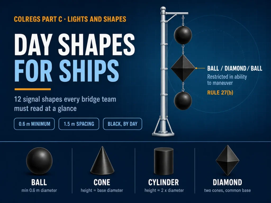 Day shapes for ships hero graphic showing ball, diamond, ball hoisted on a signal mast with the four basic COLREG shape types