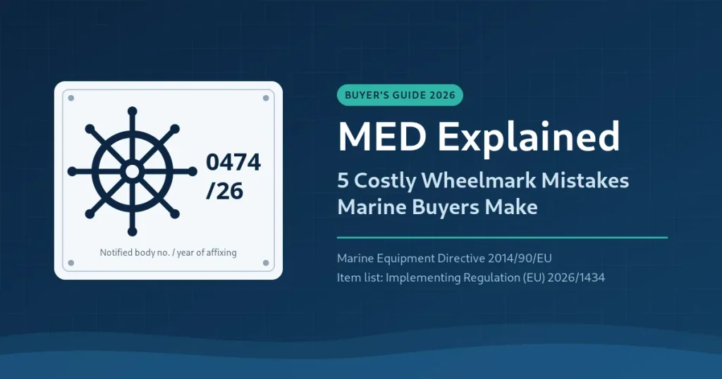 MED wheelmark symbol with notified body number and year on a marine navigation light data plate